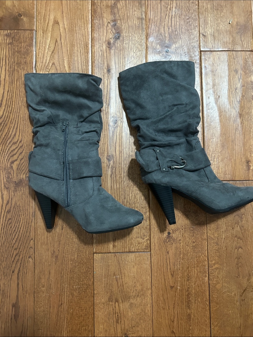 Apt. 9 Gray Suede Mid-Calf Heeled Boots with Buckle